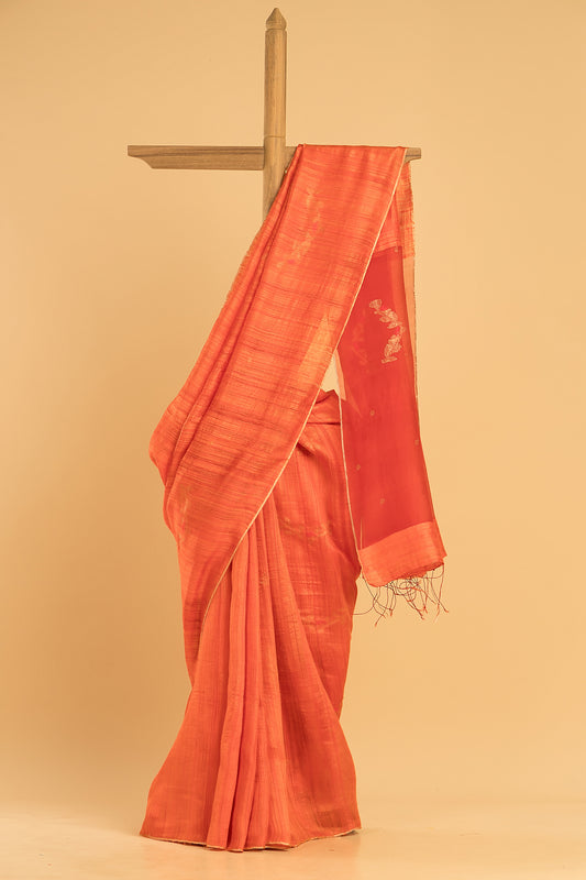 Hand Made Jamdani Saree With Neon Orange - 095