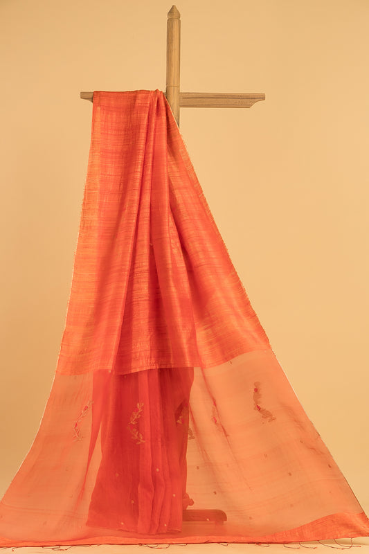 Hand Made Jamdani Saree With Neon Orange - 095