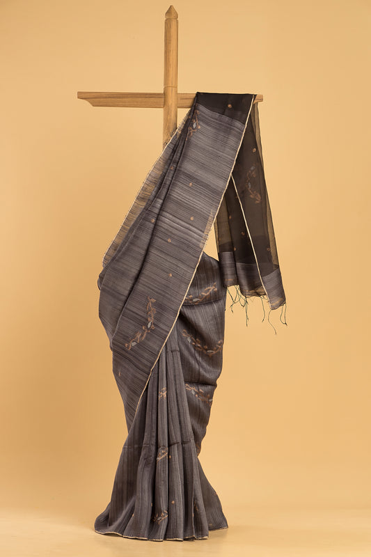 Hand Made Jamdani Saree With Smoke Black - 096