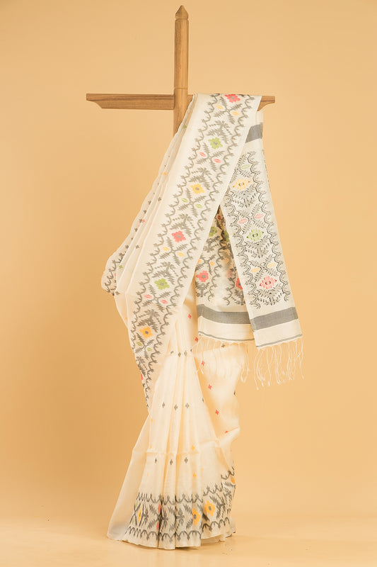 Hand Made Jamdani Saree With Snow White - 097