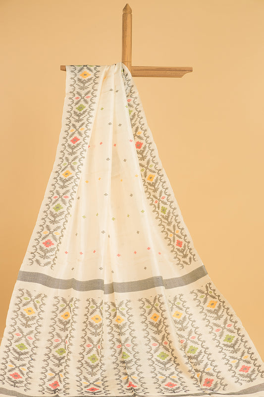 Hand Made Jamdani Saree With Snow White - 097