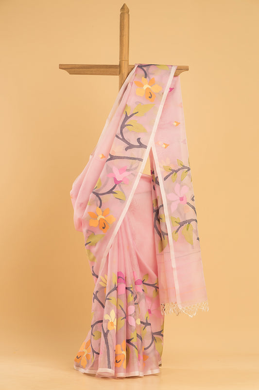 Hand Made Jamdani Saree With Rose Pink - 063