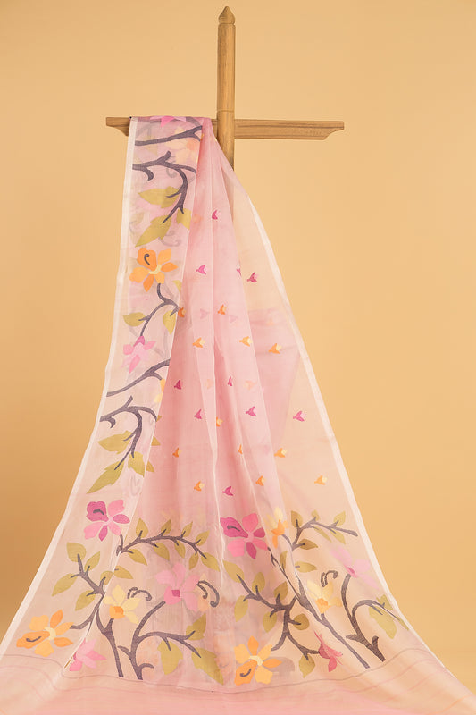 Hand Made Jamdani Saree With Rose Pink - 063