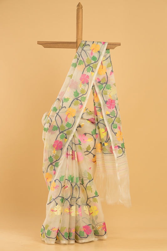 Hand Made Jamdani Saree With Bone White - 062