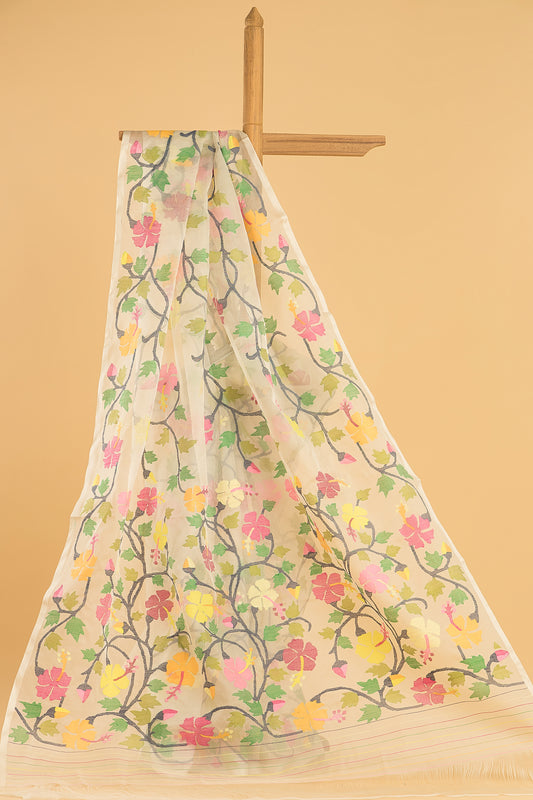 Hand Made Jamdani Saree With Bone White - 062