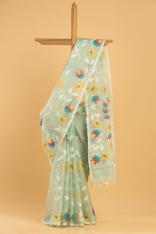 Hand Made Jamdani Saree With Jade Green - 061