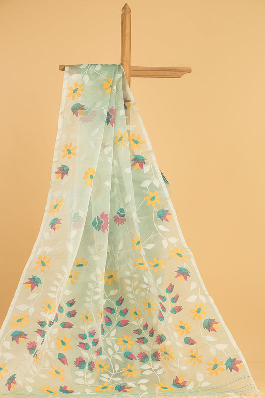 Hand Made Jamdani Saree With Jade Green - 061