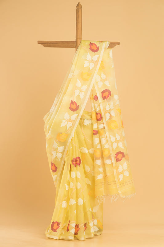Hand Made Jamdani Saree With Lemon Yellow - 058