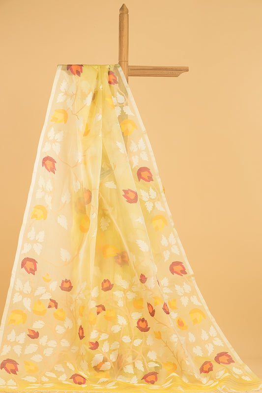 Hand Made Jamdani Saree With Lemon Yellow - 058