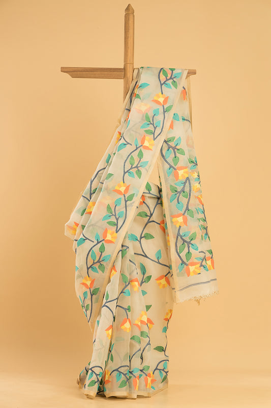 Hand Made Jamdani Saree With Pale Yellow - 057