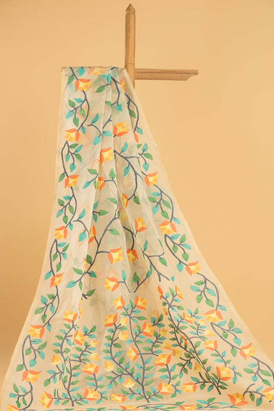 Hand Made Jamdani Saree With Pale Yellow - 057