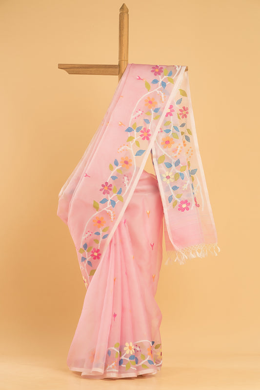 Hand Made Jamdani Saree With Baby Pink - 056