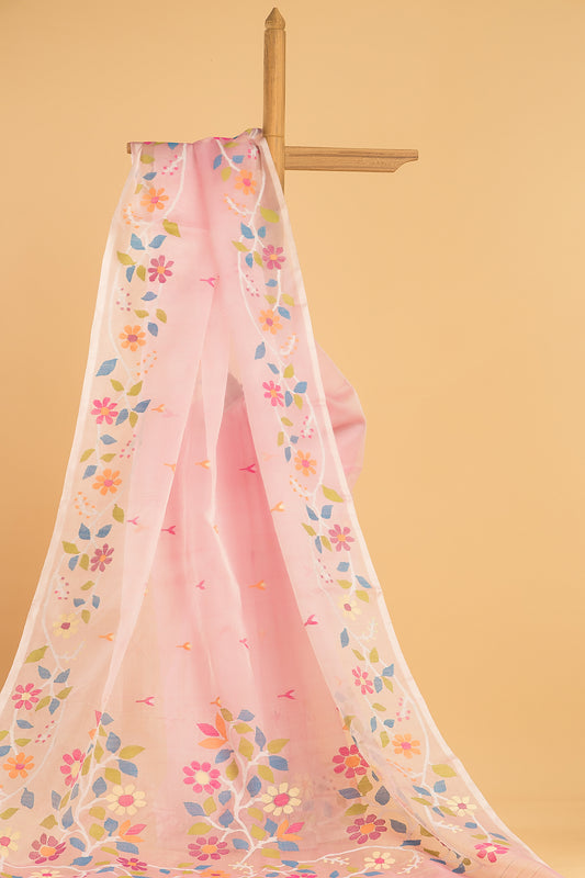 Hand Made Jamdani Saree With Baby Pink - 056