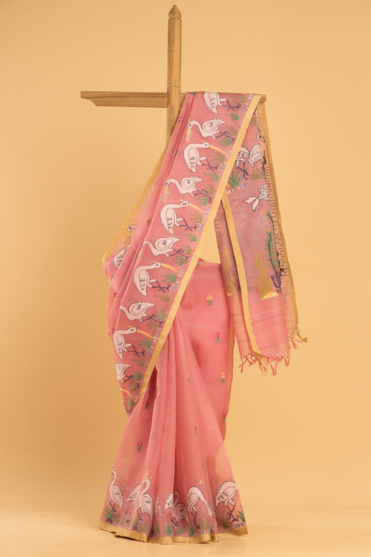 Hand Made Jamdani Saree With Coral Pink - 055