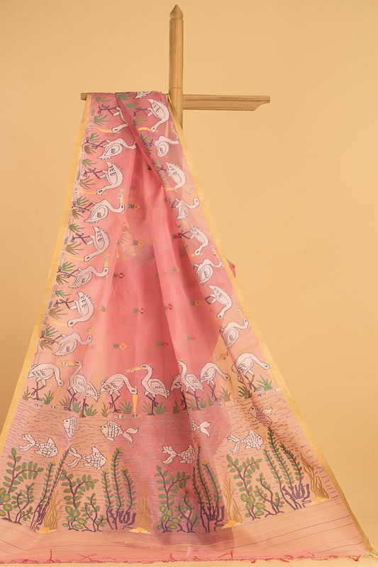 Hand Made Jamdani Saree With Coral Pink - 055
