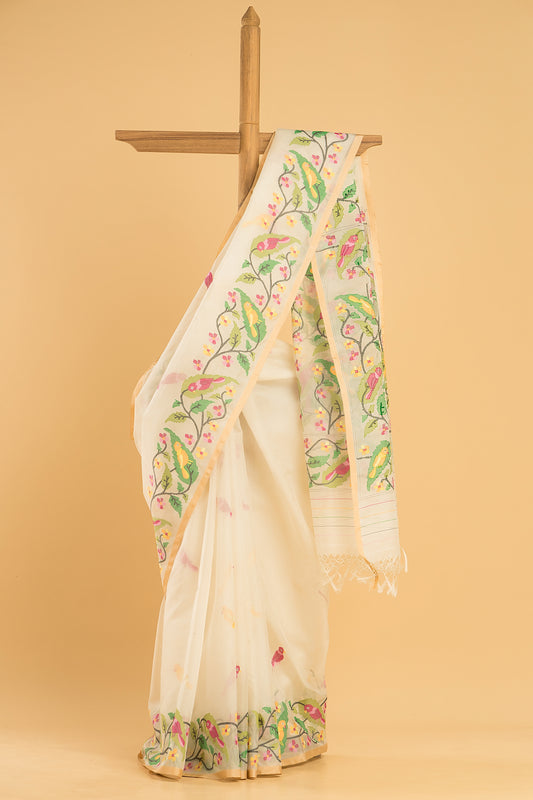 Hand Made Jamdani Saree With Frost White - 054