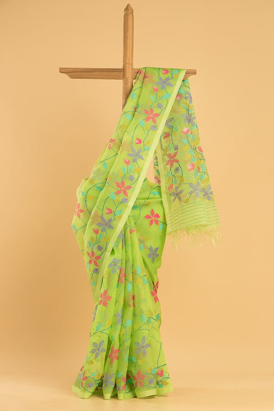 Hand Made Jamdani Saree With Neon Green - 053