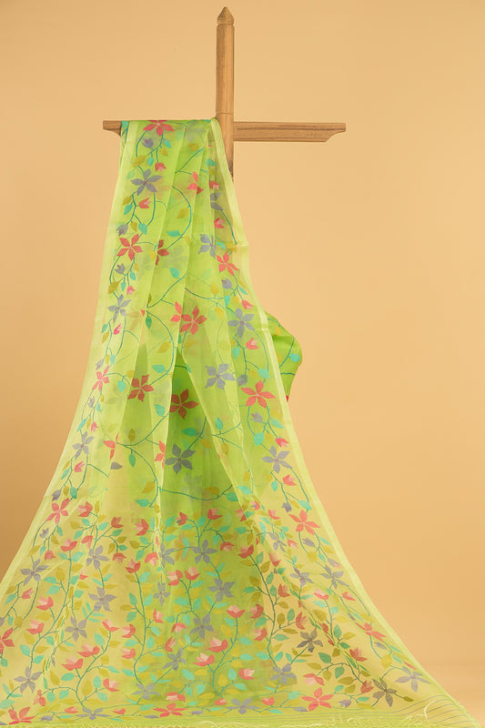 Hand Made Jamdani Saree With Neon Green - 053