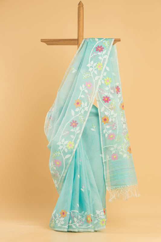 Hand Made Jamdani Floral Saree With Ocean Blue - 072