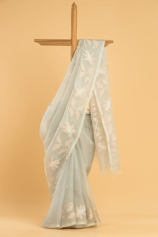 Hand Made Jamdani Saree With Soft Pastel Blue - 098