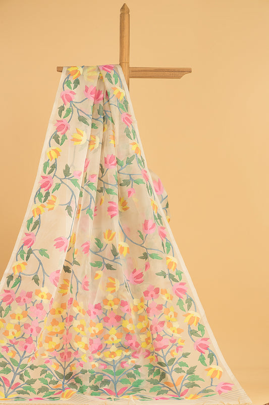 Handwoven Pure Jamdani Muslin Saree | Cream Beige