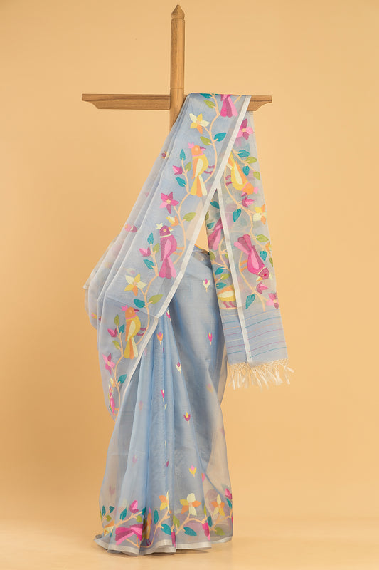 Hand Made Jamdani Saree With Pigeon Blue - 051