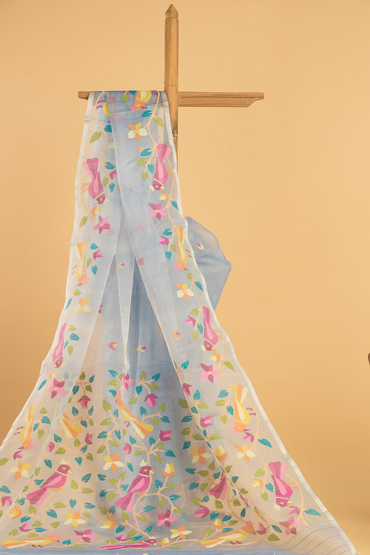Hand Made Jamdani Saree With Pigeon Blue - 051