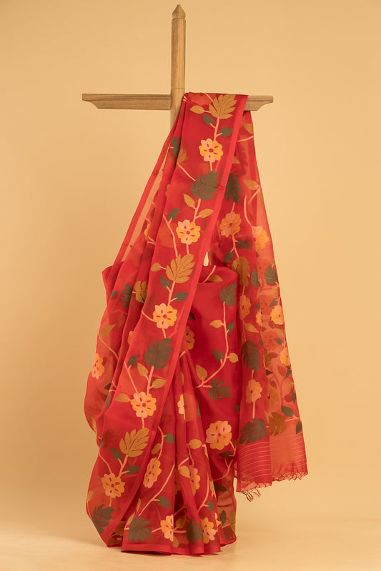 Hand Made Jamdani Saree With Classic Red - 050