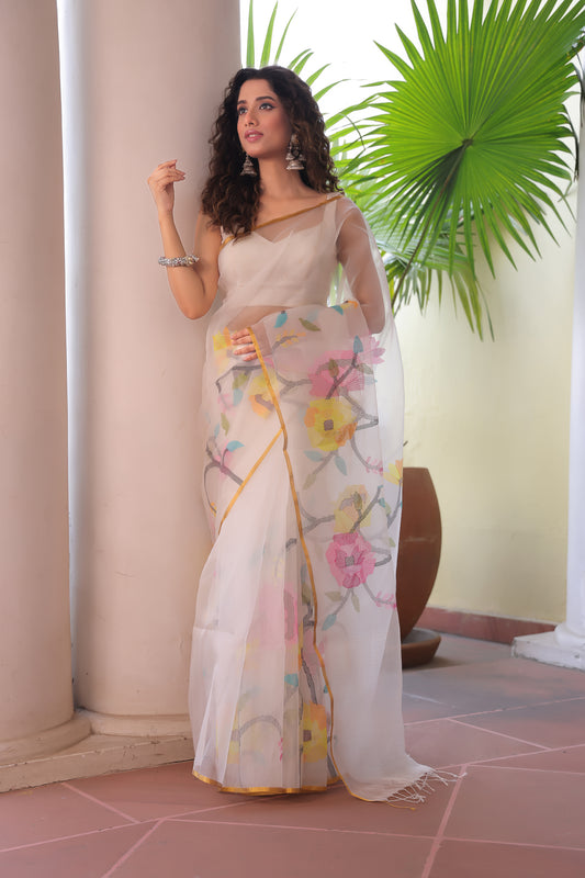 Snow White Pure Hand Made Jamdani Saree - 095