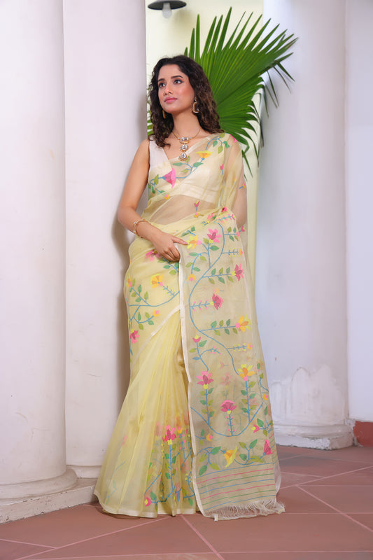 Beige Pure Hand Made Jamdani Saree - 096