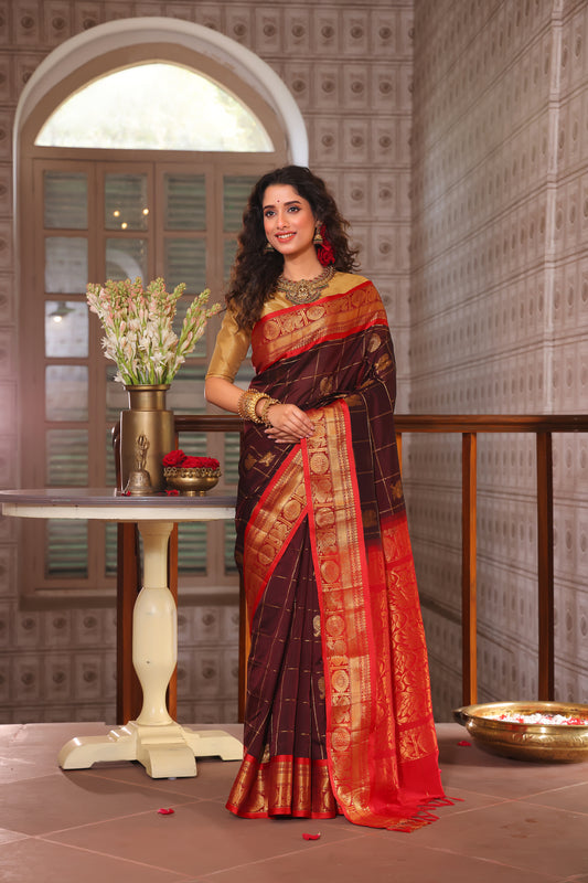 Pure Handloom Korvai Saree | Dark Brown and Golden Red