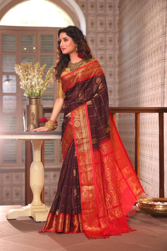 Pure Handloom Korvai Saree | Dark Brown and Golden Red