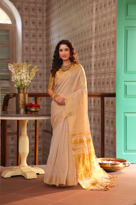 Golden Tissue Silk Saree in Linen White and Golden Pallu - 022