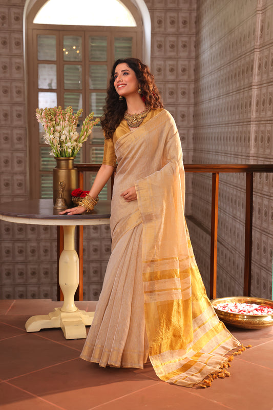 Golden Tissue Silk Saree in Linen White and Golden Pallu - 022