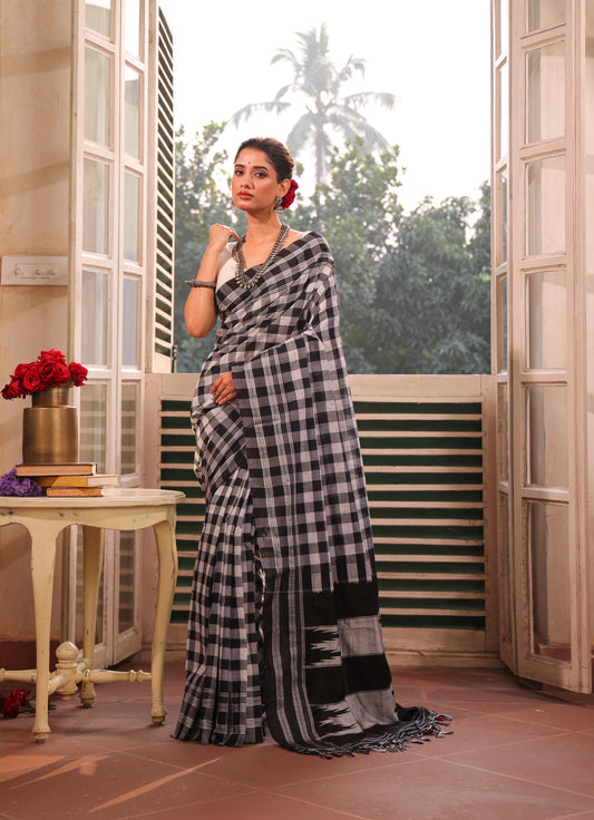 Pure Ilkal Saree in Black and White Checks - 006