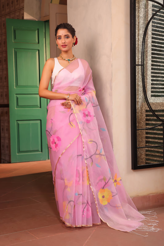 Rose Pink Pure Hand Made Jamdani Saree - 100