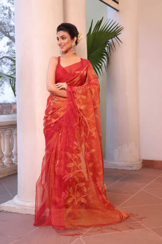 Classic Red Pure Hand Made Jamdani Saree - 093