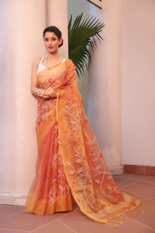 Coral Orange Pure Hand Made Jamdani Saree - 094