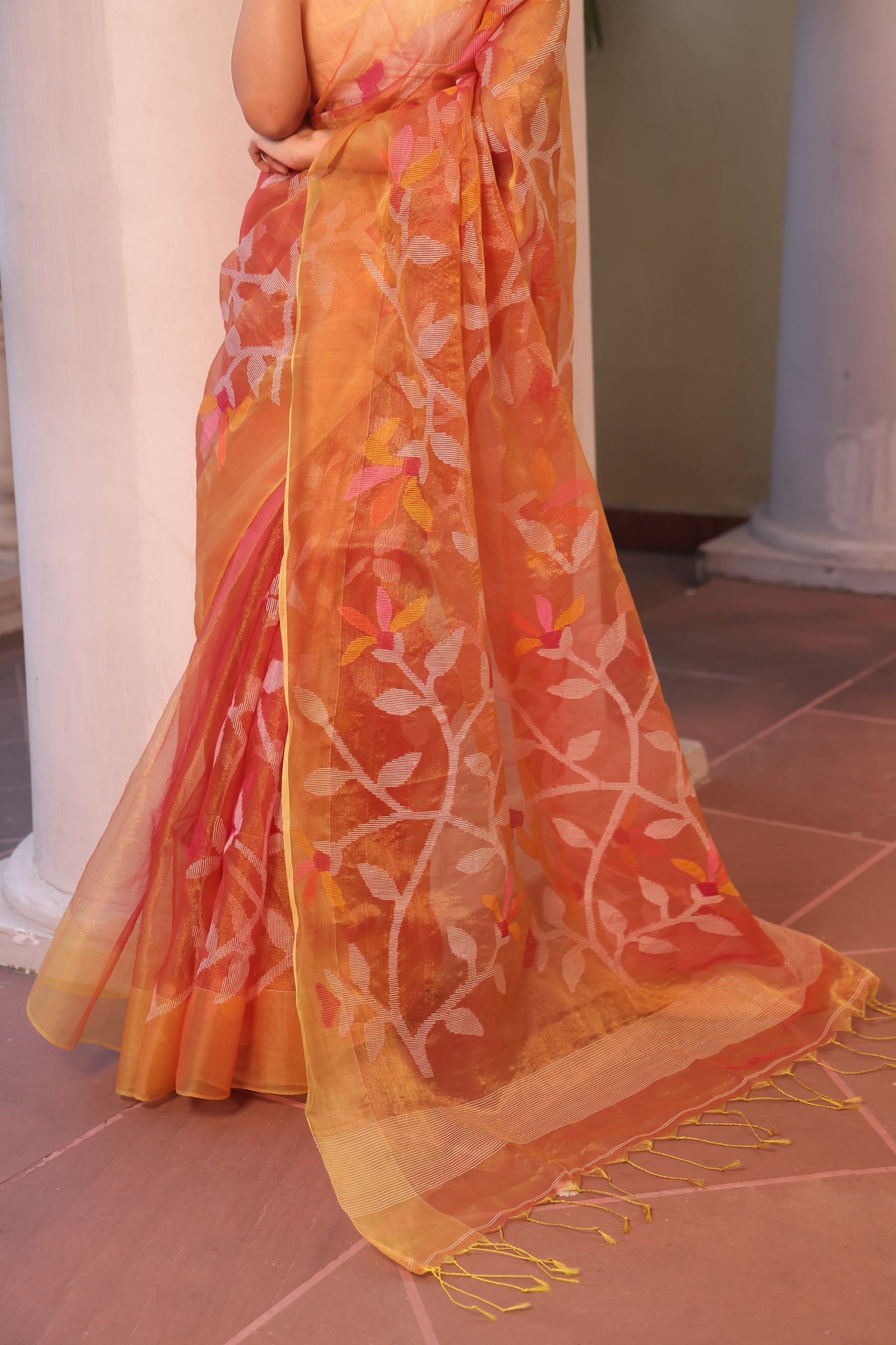 Coral Orange Pure Hand Made Jamdani Saree - 094