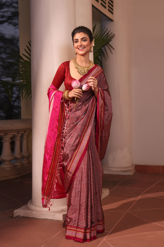Ilkal Saree in Pink and White stripes - 005