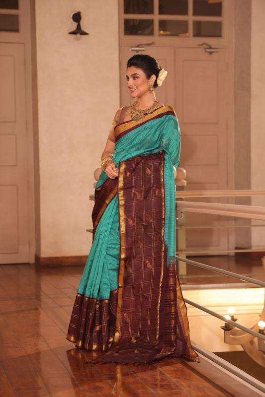 Pure Handloom Korvai Saree | Parrot motifs On Zari Checks | bright Blue