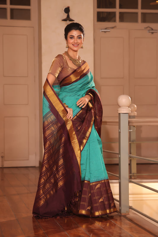 Pure Handloom Korvai Saree | Parrot motifs On Zari Checks | bright Blue