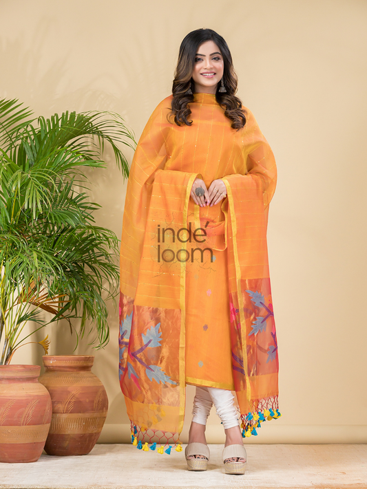 Marigold Gold | Handloom Jamdani Muslin Unstitched 2-Piece Kurti | Paithani Design