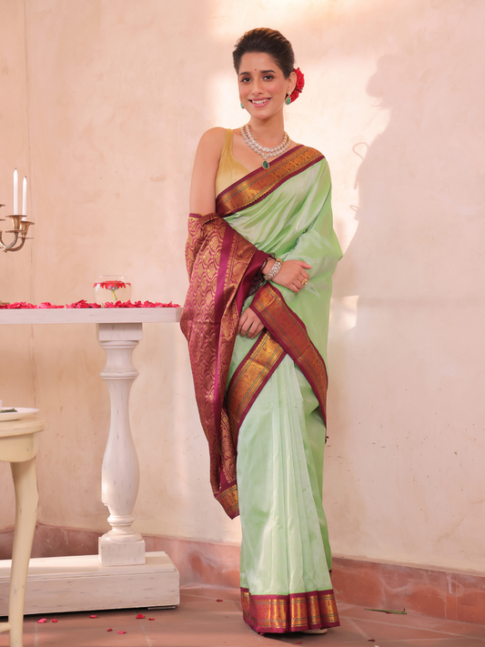 Pure Handloom Korvai Saree | Pear Green