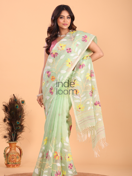 Handwoven Pure Jamdani Silk Saree | Sage Green