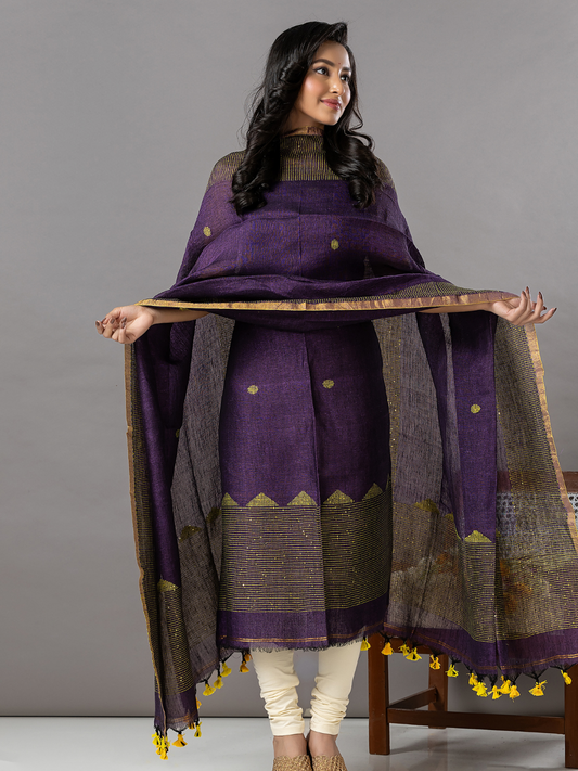 Handwoven Jamdani Linen Unstitched 2-Piece Kurti | Deep Violet