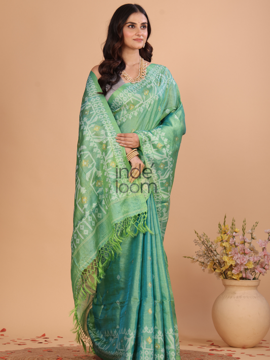 Tissue Silk Jamdani Saree With Shaded Teal Green - 122