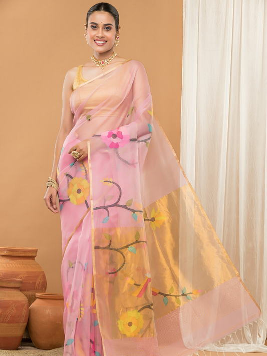 Tissue Muslin Jamdani Saree With Light Pink -007