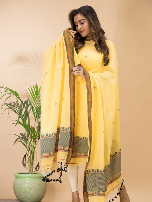 Pale Marigold | Handloom Jamdani Cotton Unstitched 2-Piece Kurti | Baluchari Design