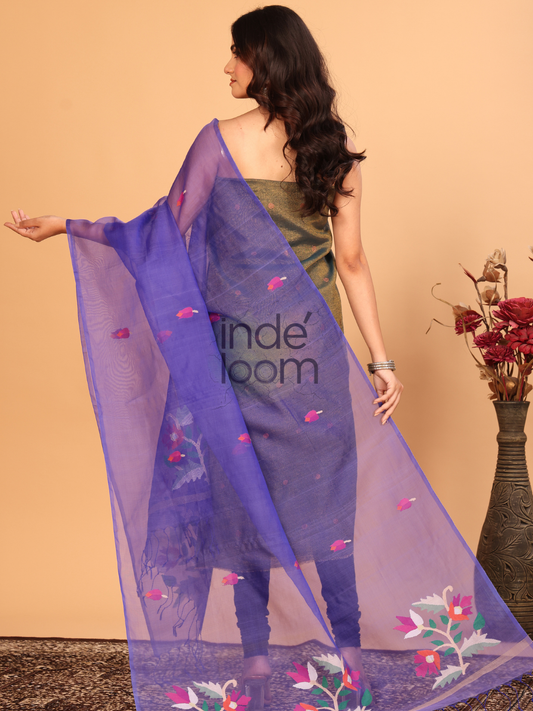 Pure Handloom Muslin Jamdani Dupatta With Plum Purple - 026